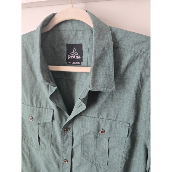 Prana Mens Large Button Down Shirt Long Sleeve Hiking Travel Green‎ Size L - Picture 4 of 10